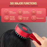 Hair care massage brush showing six major functions including nano atomization and LED therapy