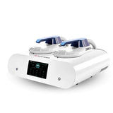 EMSlim Neo body sculpting device with female fitness model – promotes less fat and more muscle gain.