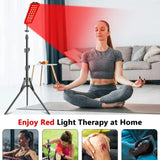 Woman meditating during red light therapy session at home with images showing healing benefits for fitness and sleep