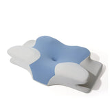 Orthopedic ergonomic pillow in blue and gray with butterfly-shaped design for side and back sleepers