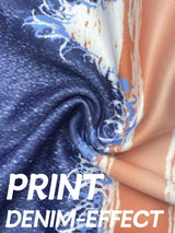 Close-up of faux denim printed knit fabric used in plus size capri pants – soft, stretchy, and breathable texture