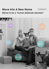 Family using air purifier in new home to filter formaldehyde, pet odor, dust, and TVOC