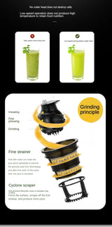 "Fine strainer and cyclone scraper parts that refine juice and reduce pulp.