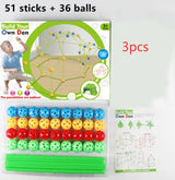 DIY fort kit packaging with 51 green rods, 36 colorful balls, and instruction manual