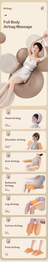 Full body massage chair with head, shoulder, arm, leg, calves, and foot airbags for complete relaxation