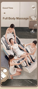 Woman receiving synchronized massage on head, back, arms, and legs in massage chair
