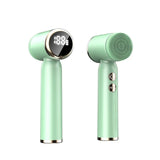 Green ultrasonic face brush showing power and speed buttons and silicone bristle design