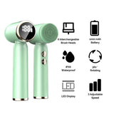 Green face brush shown with product highlights including waterproof rating, LED display, and 6 brush heads