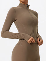 Close-up of brown Hearuisavy yoga jacket zipper and soft fabric detail