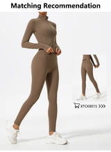 Brown Hearuisavy yoga jacket paired with matching leggings shown in full-body view