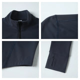 ose-up of dark blue Hearuisavy yoga jacket showing collar, zipper, and sleeve stitching