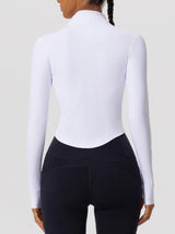 Back view of white Hearuisavy yoga jacket showing slim contour and fitted design