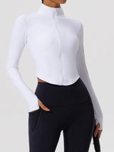 Front view of white Hearuisavy yoga jacket paired with black leggings
