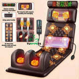 Electric massage cushion with airbag spinal traction, foot rollers, heating zones, and handheld controller