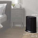 Honeywell HPA200 size chart – fits next to nightstand, 18.9" tall, 17.7" long, 10.1" wide
