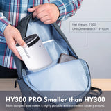 HY300 Pro projector fits inside backpack with compact size and travel-friendly dimensions
