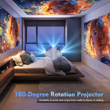 HY300 Pro projector showing flexible rotation on walls and ceiling in bedroom