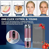 One-button control close-up and packaging graphic for a portable hydrogen water bottle.