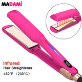 Infrared hair straightener with titanium plates in neon pink, 450°F max heat