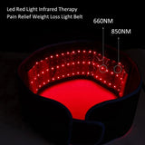 LED red light therapy belt with wavelength labels on a dark background