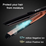 Hair straightener emitting 17 million negative and 18 million positive ions to protect hair moisture