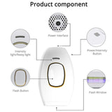 IPL hair removal device labeled parts β flash window, power button, light intensity indicator, and ports