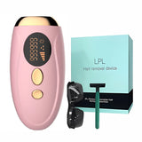 Pink IPL hair removal device kit with box, protective goggles, and razor – 999,999 flashes for women