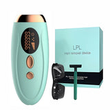 Mint green IPL hair removal kit with box, safety goggles, and razor – 999,999 flashes