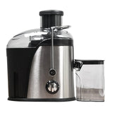 Stainless steel 400W juice extractor side view with attached juice cup