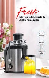 Juicer promotional image with fresh taste headline and feature icons