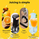 Four step juicing guide showing wash produce, press pusher, twist speed dial, and serve