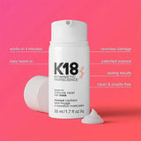 K18 hair mask highlighting patented science, 4-minute results, and cruelty-free formula