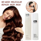 Woman with long curly hair using K18 No-Wash Repair Mask – 150ml