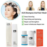 K18 Shampoo and Hair Mask with before-and-after results and product benefits checklist