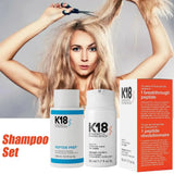 Woman with damaged hair holding K18 shampoo and hair mask set for repair