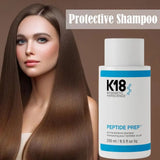 Protective effect of K18 Peptide Prep shampoo shown with model with healthy straight hair