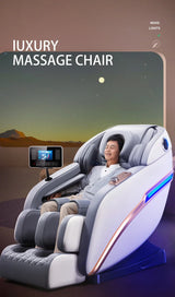 Senior man relaxing in a luxury massage chair with mood lighting