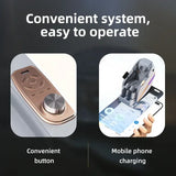 Close-up of massage chair control panel and mobile phone wireless charging pad