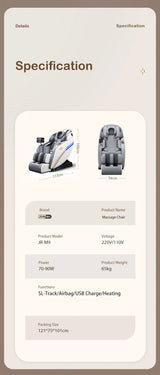 JR-M9 massage chair specifications with SL-Track, airbags, heating, USB charge, and size dimensions