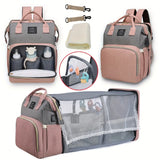 ink/gray diaper backpack with foldable crib, bottle pockets, stroller straps, and changing pad accessories.