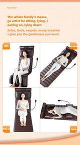 Massage cushion shown used in multiple positions: sitting, lying, reclining, and leaning