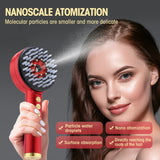 Woman using nano atomizing EMS scalp spray comb to boost hair absorption
