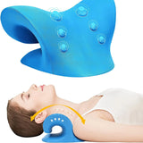 Woman using cervical neck stretcher relaxer to relieve spine pressure and improve posture