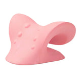 Pink neck and shoulder stretcher for cervical spine alignment and posture correction.