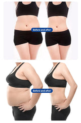 Two before-and-after comparison photos of waist and abdomen in black sportswear