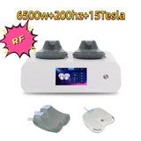 Front view with “6500W 200Hz 15 Tesla” overlay and RF badge; two body applicators plus pelvic floor pad shown below