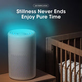 Blue light air purifier glowing at night near crib, creating clean and calm environment for baby