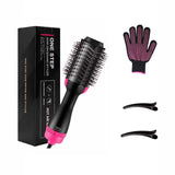Complete One Step Hair Dryer kit with hot air brush, heat-resistant glove, styling clips, and retail packaging box