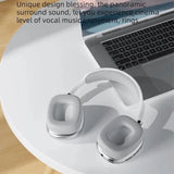 Over-ear P9 wireless headset placed beside laptop โ panoramic surround sound