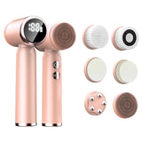 Pink 6-in-1 ultrasonic face brush with all six detachable cleansing and massage heads
